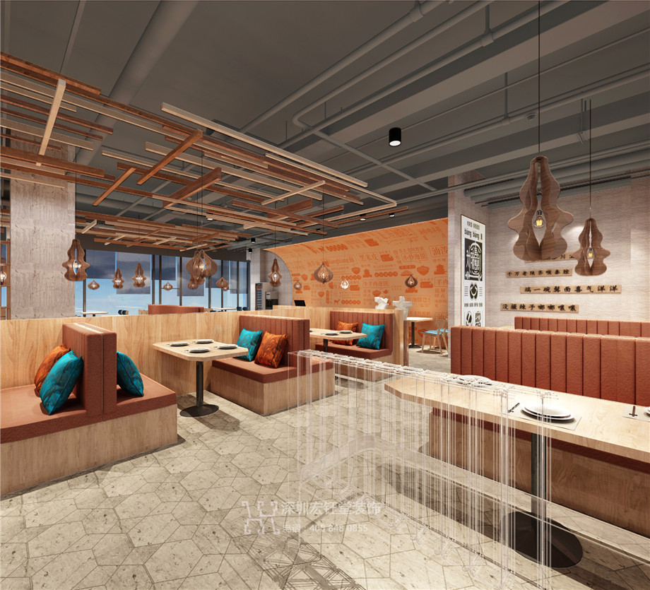 西貝三寶鄭州太格茂店設(shè)計(jì)施工方案-用餐區(qū)效果圖-宏鈺堂裝飾餐飲裝修案例