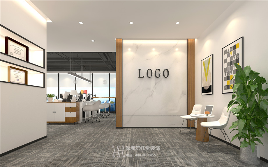 鄭州辦公室裝修設計案例-恒天明澤公司前臺效果圖