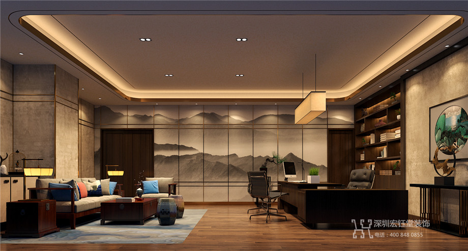 河南二十冶新中式集團董事長辦公室裝修設(shè)計方案