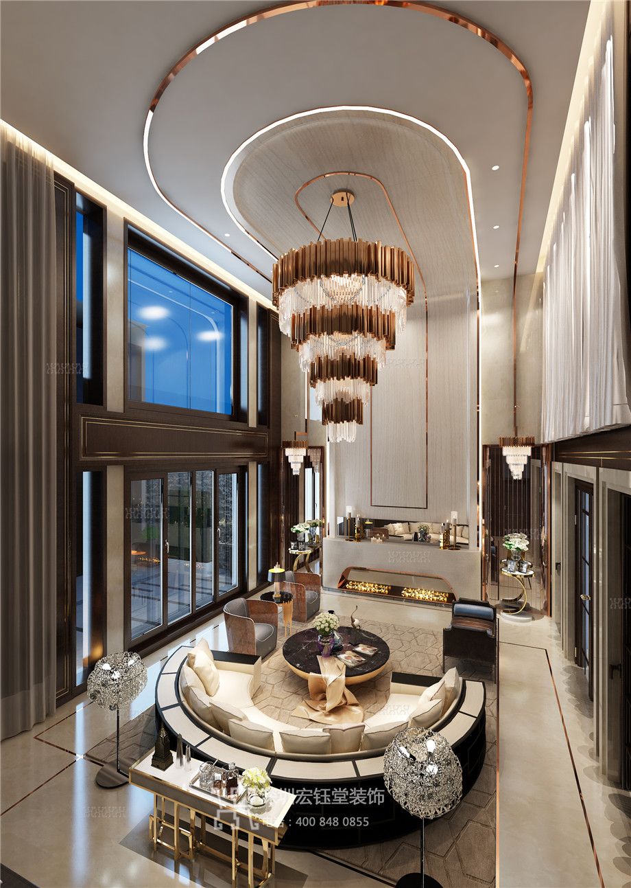 鄭州現代奢華風鄒公館別墅雙層挑空客廳設計效果圖