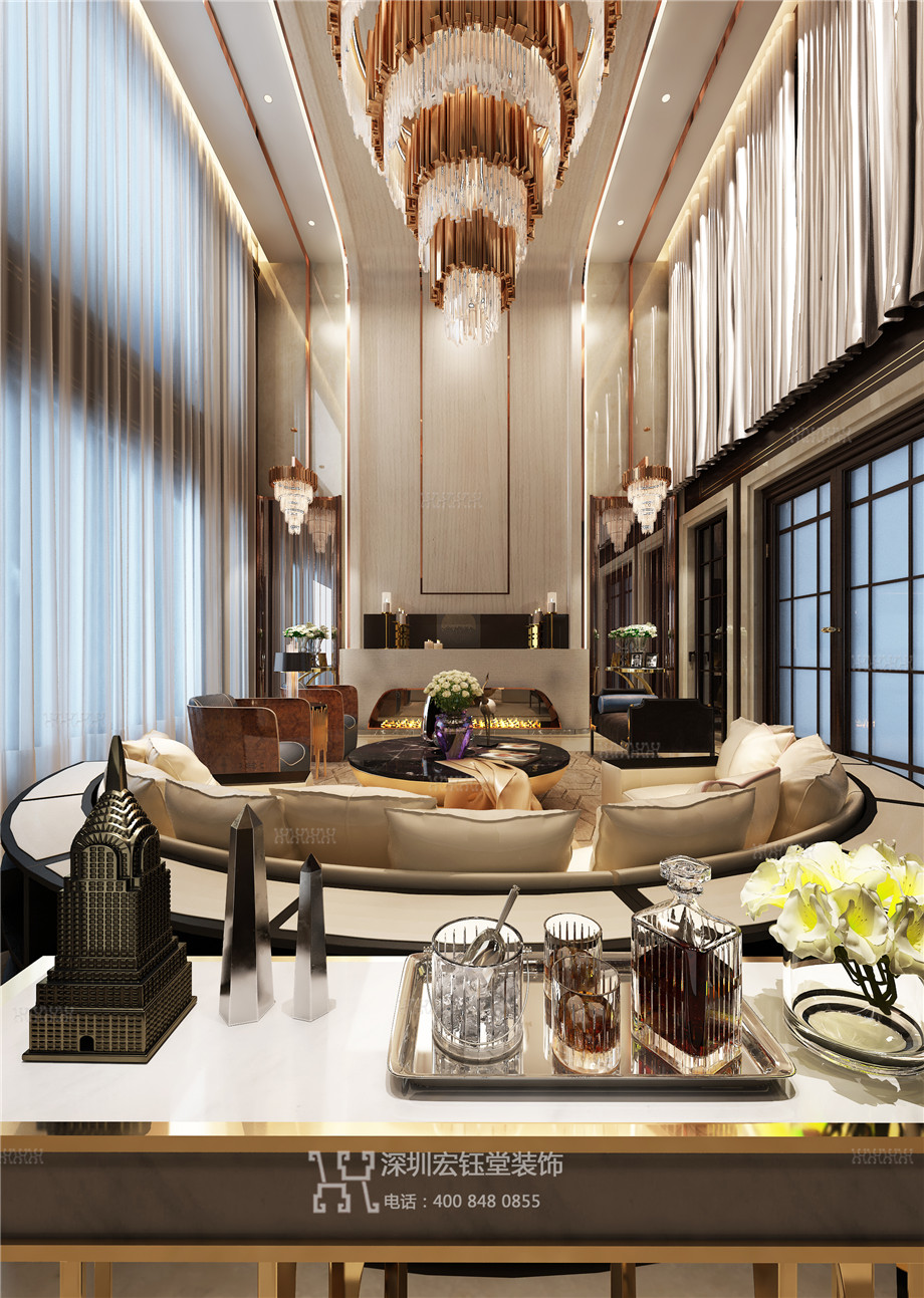 鄭州鄒公館獨棟別墅雙層挑空客廳裝修設計方案