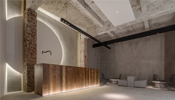 七十年代老建筑改造創意影視公司裝修前臺形象墻效果圖