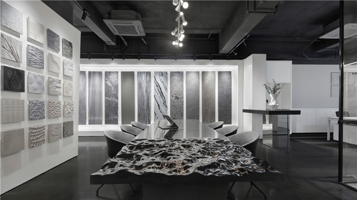黑白灰構造極簡藝術風駿美石材展廳選樣區裝修設計方案