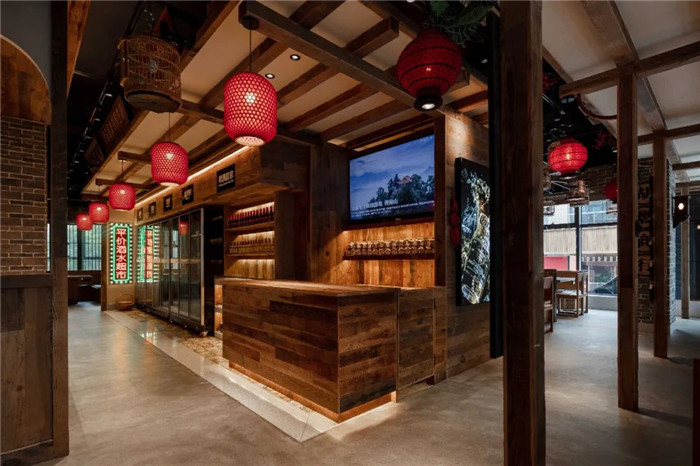 中式連鎖火鍋店裝修   麻辣英雄火鍋店吧臺裝修設計方案