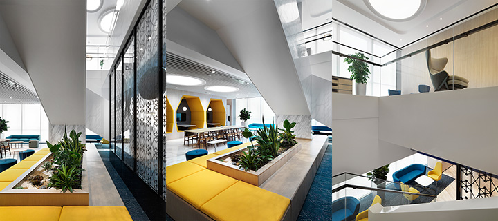 中西合璧混搭風輝瑞醫藥集團總部辦公室樓梯裝修實景圖