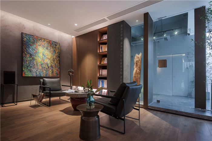 鄭州禪意辦公室裝修-現代中式禪意辦公室洽談區裝修實景圖