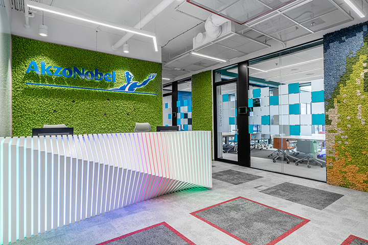 鄭州辦公室裝修玩轉色彩 涂料公司創意辦公室前臺裝修方案 鄭州辦公室裝修玩轉色彩 涂料公司創意辦公室前臺裝修方案